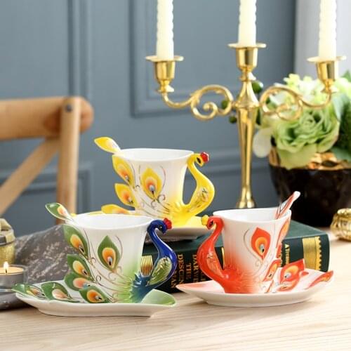 European Peacock Coffee Cup Saucer Spoon Set Ceramic Ornaments Home Accessories Crafts Livingroom Dining Room Table Decoration
