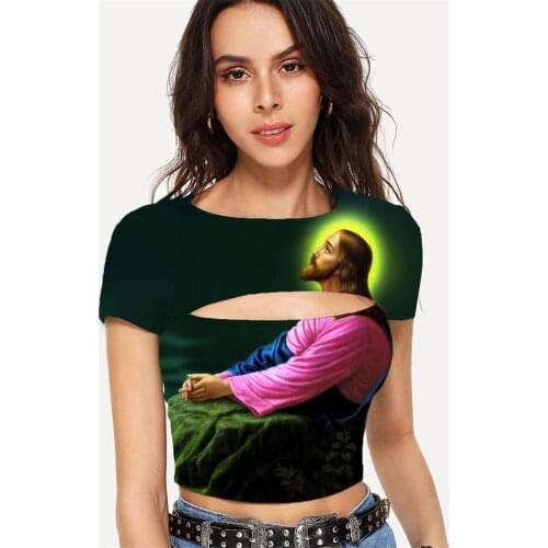 Somepet Jesus T shirt Women Christian Tshirt Printed Sacred Hollow Out T shirts Harajuku T-shirts 3d Short Sleeve Hip Hop