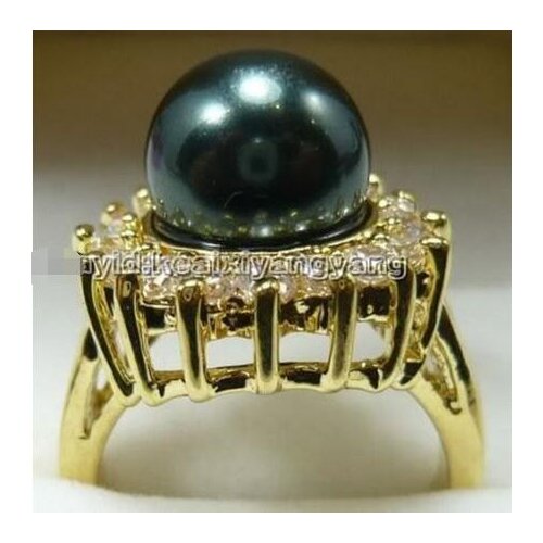 Hot selling good******** yellow gold plate black shell pearl cz ring size 6 7 8 9