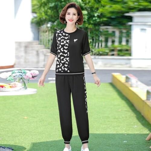 Two Piece Suit Summer Women Fashion Heart Print Chiffon T-shirt + Elastic High Waist Pants Sets Mother Clothing Casual Plus Size