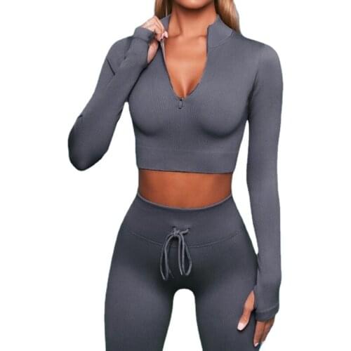 Chest Zipper Long Sleeve Yoga Suit Vertical Stripes Waistband Sports Trousers Running Fitness Clothes Womens Two-Piece Set