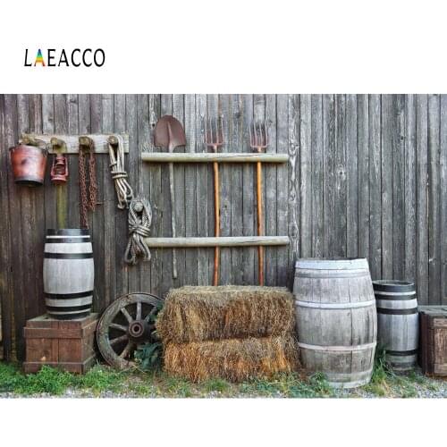 Laeacco Rural Farm Photophone Wooden Board Barrel Haystack Wheel Photography Backdrops Photo Backgrounds Baby Portrait Photocall