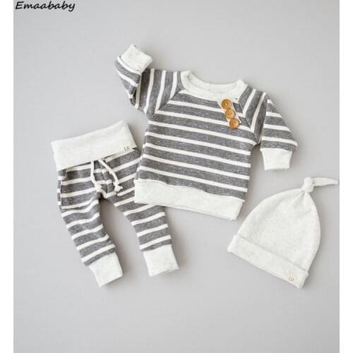 Fashion 3Pcs Newborn Baby Boys Girls Clothes Set Long Sleeve Striped Button T-shirts Long Pants Hat Warm 2018 Autumn Babys Sets