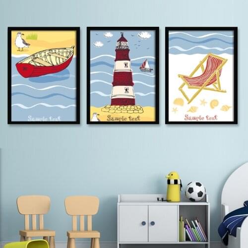 Sea Sailing Light House Childrens Bedroom Bedside Canvas Painting Modern Mural Wall Decorative Painting Mediterranean-Style