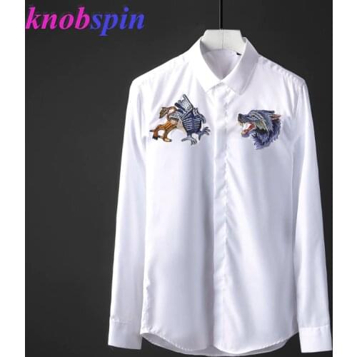 100% Pure Cotton Shirt men 2019 Wolf Head Embroidery Slim Chemise homme Brand Business male Dress Shirts Solid color long sleeve