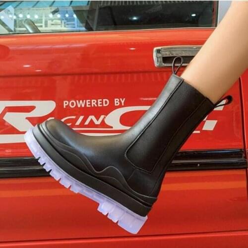 Woman British Style Colorful Thick Heel Short Boots Female Genuine Leather Slip On Patchwork Platform Mid-calf Tube Martin Boots