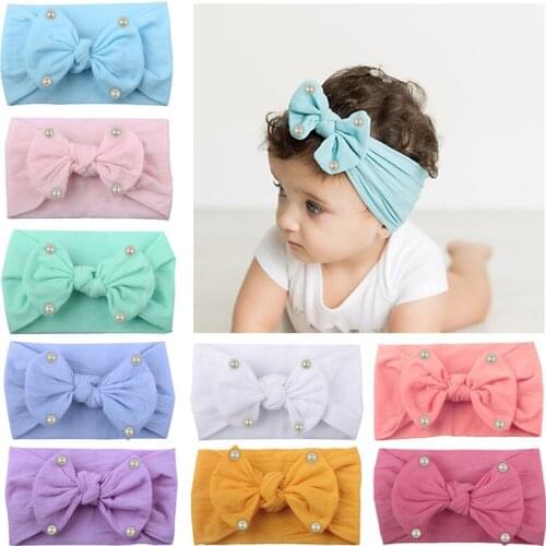 Cute Imitation Pearls Bows Baby Headband Elastic Hairband For Newborn Soild Color Baby Girl Headbands Turban Hair Accessories