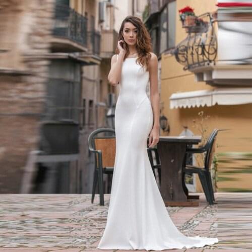 Scoop Neckline Backless Simple Mermaid Wedding Dresses Sleeveless Satin Sweep Train Bridal Gowns vestido de noiva 2020