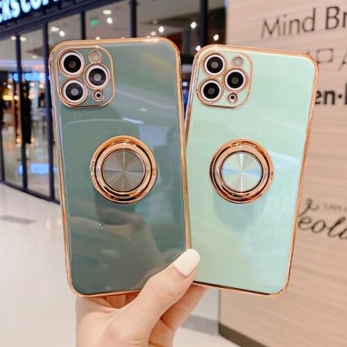 Luxury Grip Ring Holder Case For iPhone 12 7 8 Plus Gold Plated Metal Stand Cover for iPhone 11 Pro Max XS XR SE X Silicon Cases