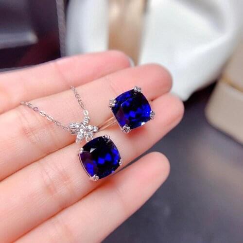 The Best Engagement Gift Sapphire Jewelry Set Natural Real Sapphire 925 Sterling Silver 1pc Pendant,1pc Ring