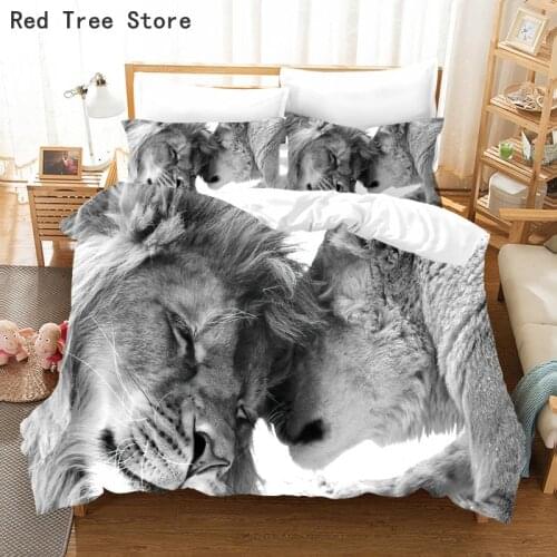 Grey and White Lion Pattern 3d Bedding Set Animal Design Duvet Cover Pillow Case Sets Single Double Queen King Size Bedclothes