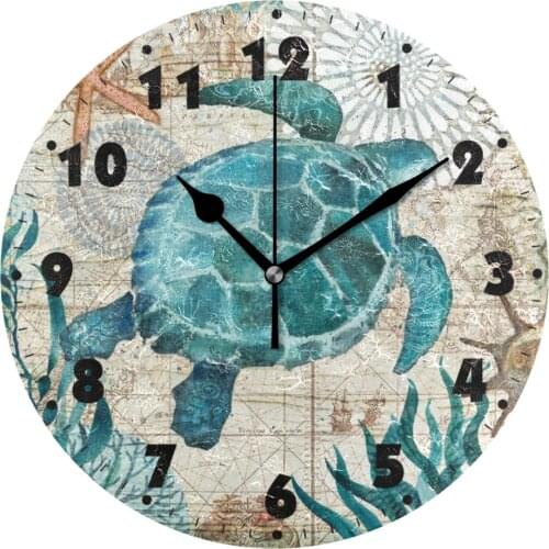 Vintage Turtle Starfish World Map Wall Clocks Silent Non Ticking Round Clock Battery Operated 9.8 Inch Quiet Desk Clock for Kids