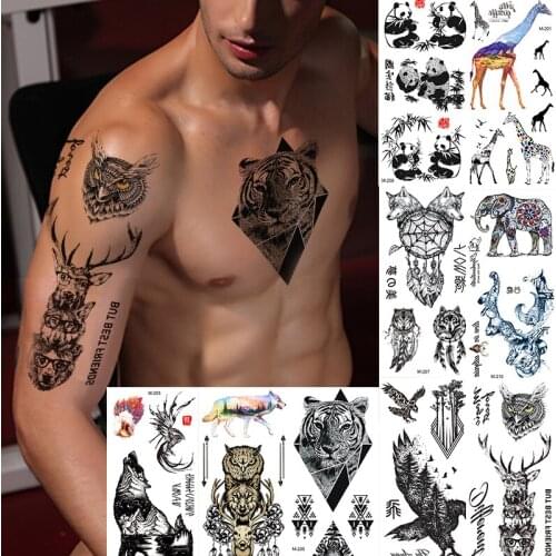 Tiger Tattoo Stickers Waterproof Tattoos for men Arm Chest Stickers Lion Deer Dream Catcher Wolf FakeTemporary Sticker Decals