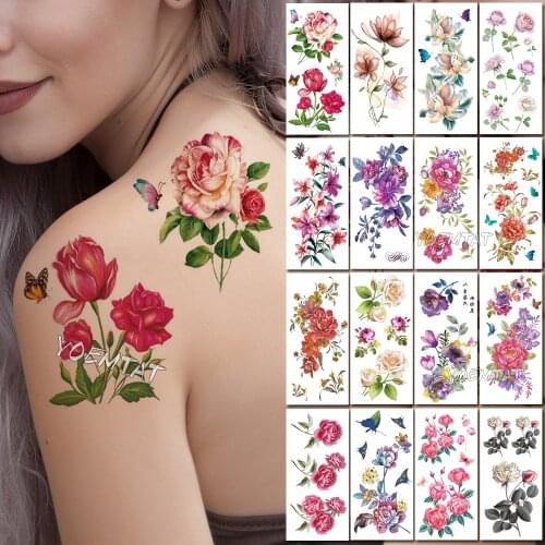 Vibrant Deep Red Rose Temporary Tattoos for Women Tattoo Sticker 3D Gradient Flower Body Chest Neck Art Waterproof Fake Tato