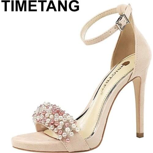 TIMETANG New Summer Women Sandals High ThinHeel Buckle Solid Pearl Fashion Sexy Ladies Women Shoes Pink Female High HeelsSandanl