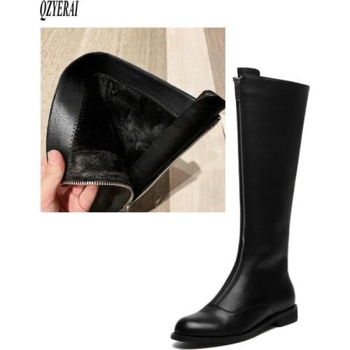 QZYERAI black knee boots Genuine leather Female boots warm Womens boots Autumn winter Head layer cowhide Womens shoes