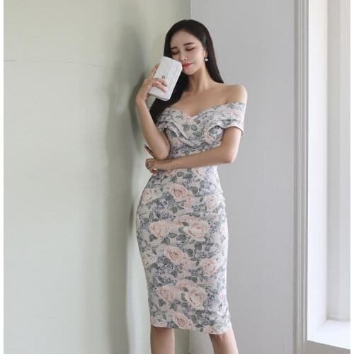 S-XL plus size summer korean temperament print slash neck slim high waist sexy bag hips dress women fashion office lady clothes