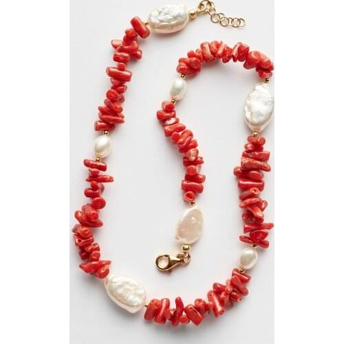 Scotts Holiday Sardinian Red Coral natural freshwater Keshi pearls choker Italian luxury Chip Strand Necklace women