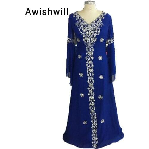Royal Blue Evening Dresses Long Sleeve V-neck Beadings Chiffon Floor Length Saudi Arabic Evening Gowns Women Formal Dresses