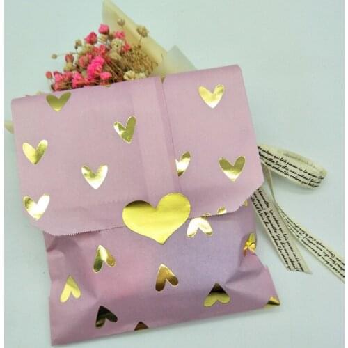 25pcs Food Goody Paper Bags Violet/Blush Pink with Foil Gold Heart for Wedding Birthday Baby Shower Party Candy Packaging Favor