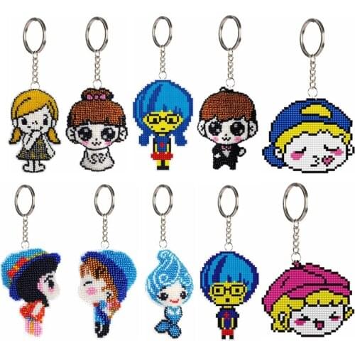 DIY Full Beads Cross Stitch Embroidery Keychains Cartoon Girl Boy Printed Handmade Women Bag Pendant Jewelry Key Ring