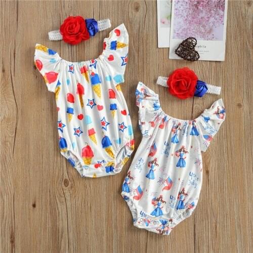Summer Newborn Baby Girl Cloths Off Shoulder Romper Cartoon Printing Short Sleeve Jumpsuit+Hair Band for Baby