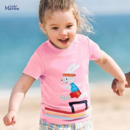 Little Maven Children 2021 Summer New Baby Girl Tee Tops Kids Summer 2-7 Years Clothes Bunny Applique Brand Cotton Pink T Shirt