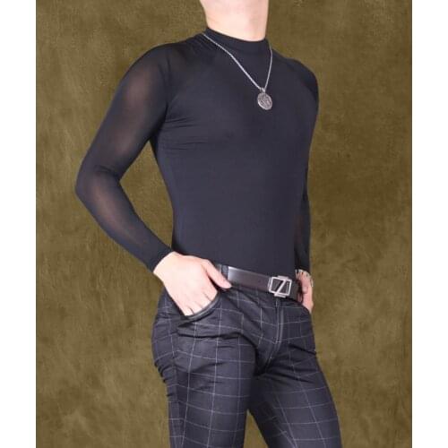 Modal Ice Silk Patchwork Transparent Sexy Black Bodysuits Camisetas Hombre Long Sleeve T Shirt Men Body One Piece Funny T Shirts
