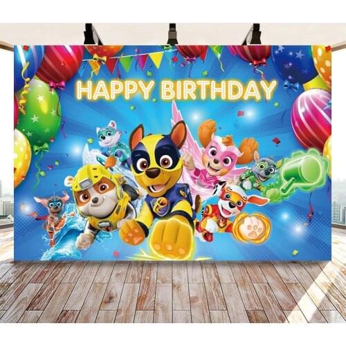 Cartoon Running Dogs Blue Yellow Backdrop Photography Ryder Family Patrol Kids Birthday Party Photo Background Room Table Decor