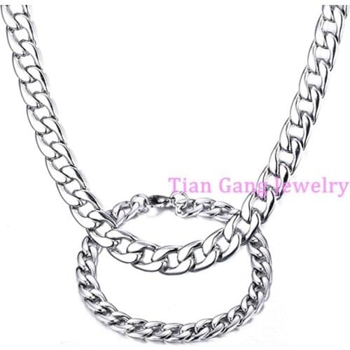 8mm Mens Chain Boys Necklace Curb Cuban Link Silver Color Stainless Steel Necklace Bracelet Set Jewelry Gift