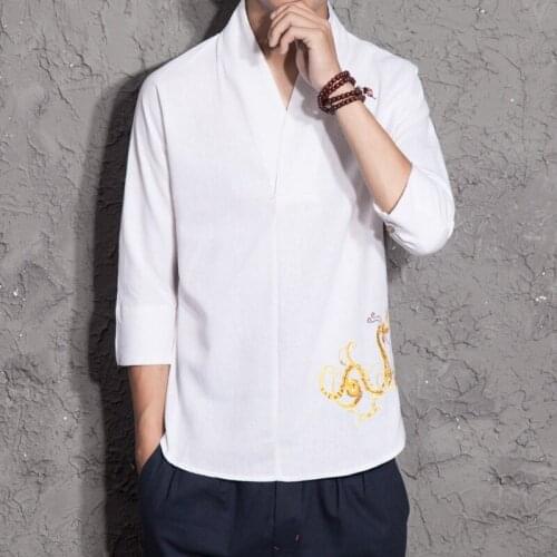 Traditional Chinese Style Men Shirt V-neck Linen Tops Retro Dragon Embroidery Summer Kung Fu Uniform Plus Size Man Camisetas