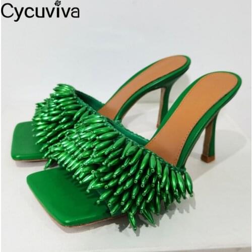 Summer High Heel Slippers Women Designer Brand Slides Green String Bead Mules Ladies Dress Shoes Runway Sandalias Mujer 2021