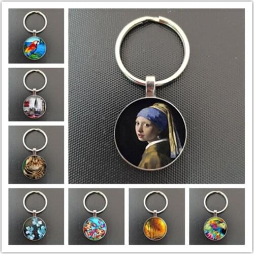 New classic oil painting glass cartoon animal woman painting cabochon DIY keychain jewelry, glass round keychain decoration
