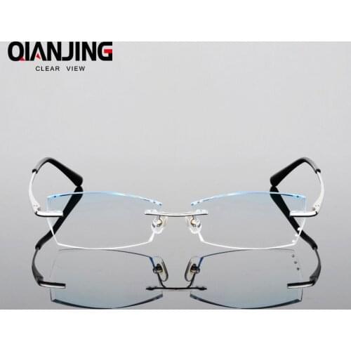 QJ New Luxury Men Style Frame Women Titanium Optical Frame Diamond Trimming Cut Rimless Spectacles With Gradient Tint Lenses