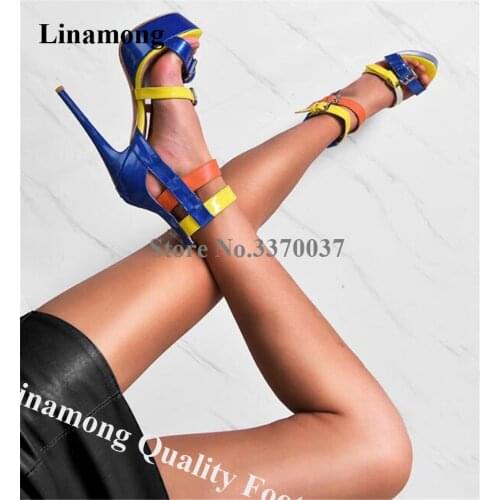 Linamong Charming Sexy Patchwork High Platform Stiletto Heel Sandals Mixed-colors Straps Super High Heel Sandals Dress Heels