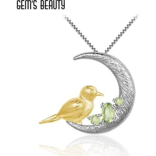 GEMS BEAUTY Natural Oval Peridot Handmade Necklace Moon Bird 925 Sterling Silver Necklace For Women Romantic Gift