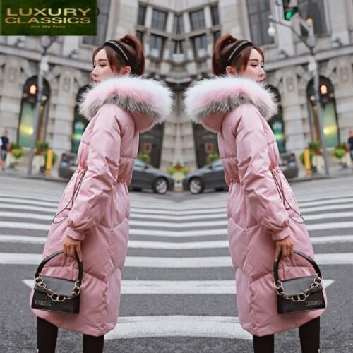Down Jakcet Women Winter Long White Duck Down Parkas Raccoon Fur Hooded Outwear Down Coats Female Slim Jackets LWL1170