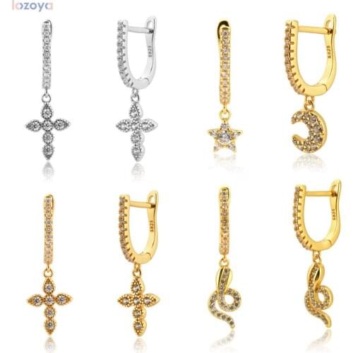 LOZOYA 100% 925 Sterling Silver Large Ovals Big Design Pendiente Zircon Cross Drop Earring 2021 New Arrivals CZ Luxury Jewelry