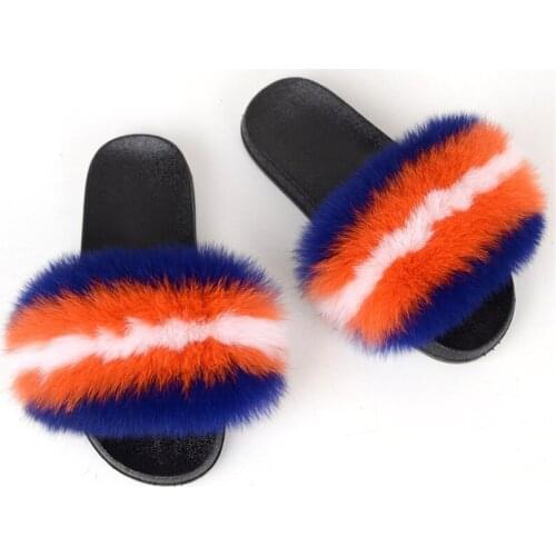Womens Fluffy Colorful Fox Fur Slippers Summer Fashion Female Furry Sandals Ladies Luxury Comfortable Flip Flops Outdoor Shoes
