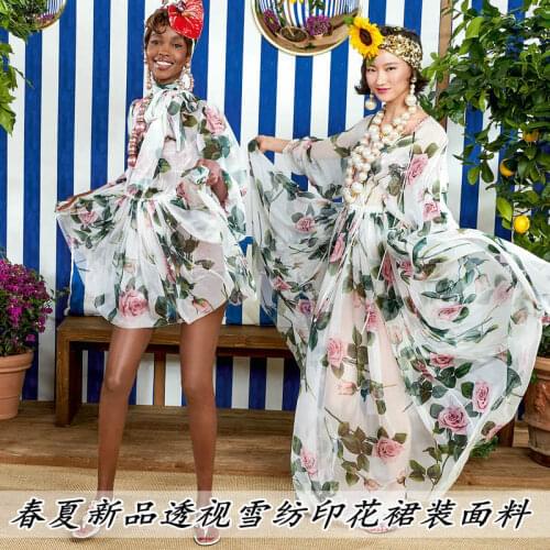 Spring and Summer New Rose Print Lightweight Chiffon Shirt Garment Material Holiday Dress Silk Scarf Fabric