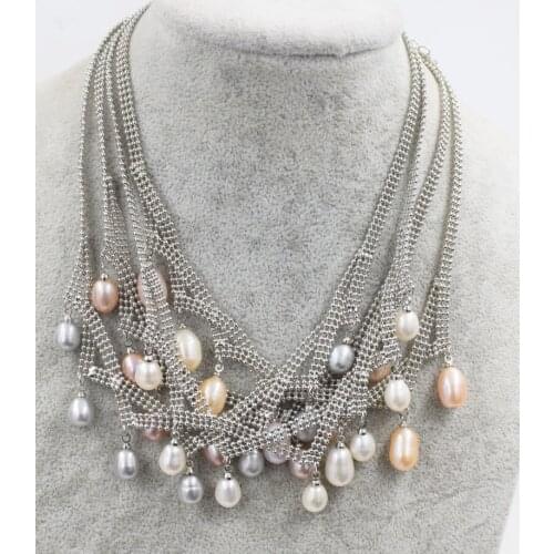 Frershwater pearl white pink purple gray rice 7-9mm necklace 18inch wholesale beads nature FPPJ woman 2018