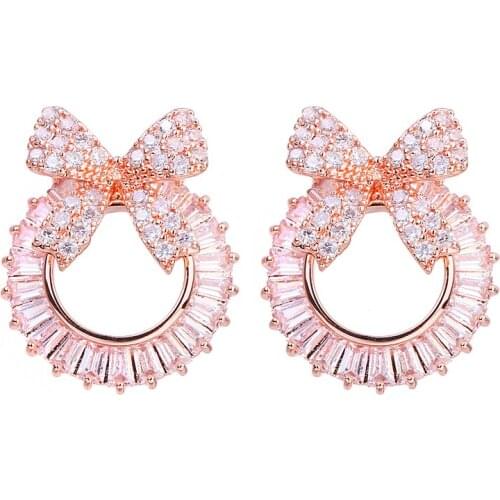 Bettyue Bowknot Charm Brilliant Big Circle Stud Earrings High Quality White Rose Gold CZ for Women Fashion Party Wedding Gifts