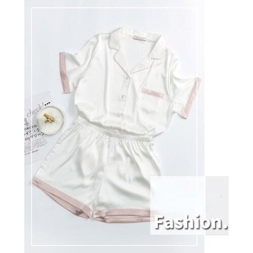 QWEEK Womens Silk Satin Pajamas Solid Color Splicing Pijamas Two Piece Set Summer Lounge Wear Plus Size Pyjamas 5XL Embroidery