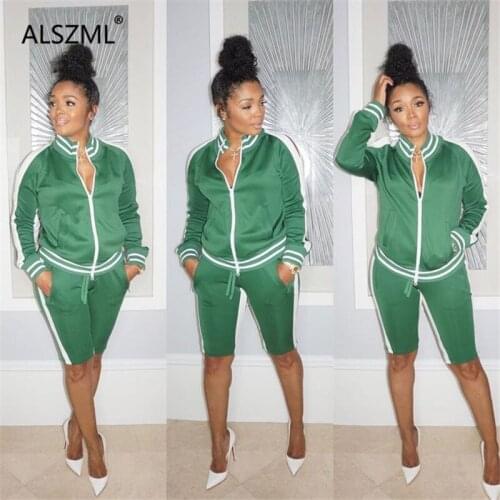 Green long sleeve zipper crop top and tight hot short 2 pieces set high street casual lady fashion tracksuits