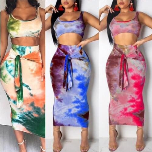 Women Two Pieces Sexy Print Sleeveless Strappy Tank Vest Crop Tops Bodycon High Waist Lace-up Skirt Clubwear Party Holiday Dress