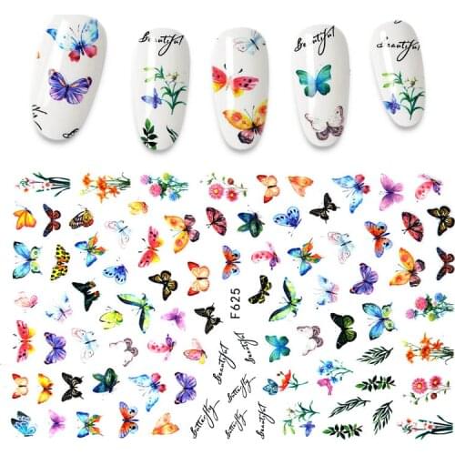 3D Laser Butterfly Nail Stickers Gradient Colorful Butterfly Rose Hydrangea Nail Sliders Decal For Nail Decoration
