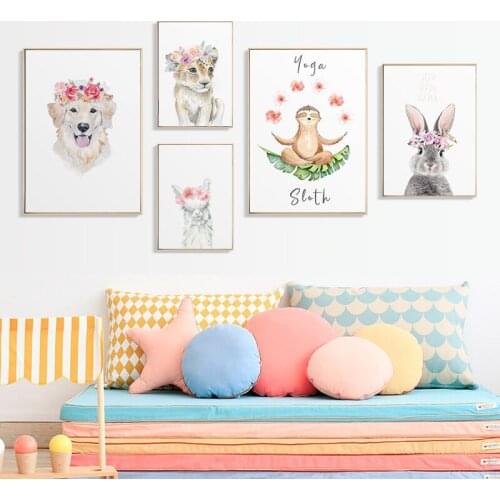 Watercolor Funny Animal Painting Nursery Canvas Poster Yoga Sloth Dog Rabbit Wall Art Print Pictures for Kids Baby Room Decor
