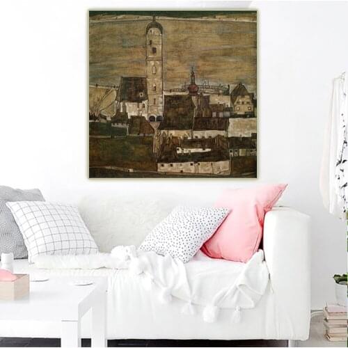 Citon Egon Schiele《Stein on the Danube》Canvas Art Oil Painting Artwork Poster Picture Wall Decor Home Living room Decoration