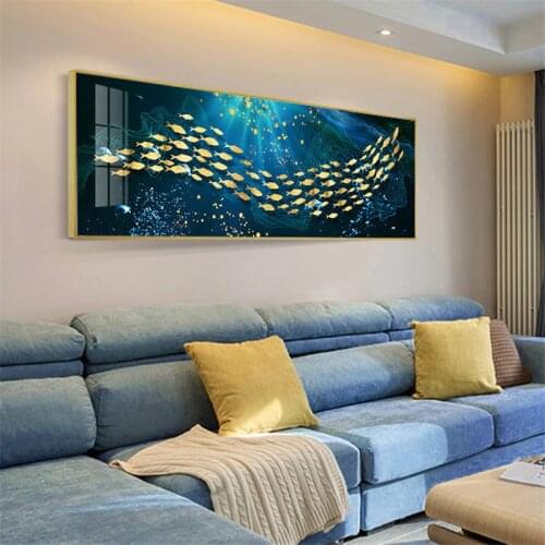 Modern Golden Fish Wall Art Oil Painting Printed on Canvas Blue Sea Background Decorative Poster Picture Living Room Home Decor