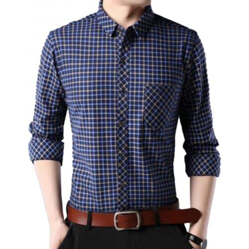 Men Shirts Plaid Pattern Slim-Fit Buttons Long Sleeve Shirts Single-breasted Turn Down Collar Plaid Shirt Top For Men